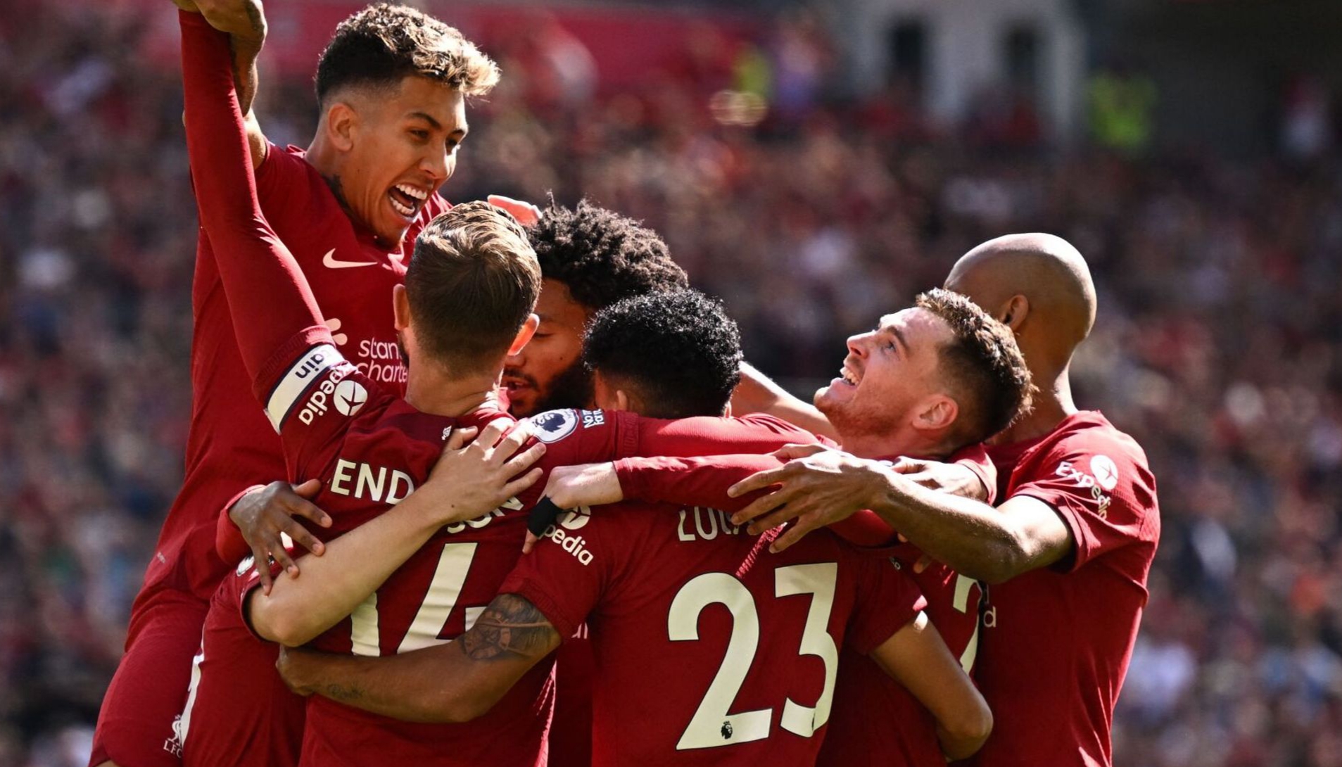 Liverpool players celebrate in 9-0 demolition of Bournemouth