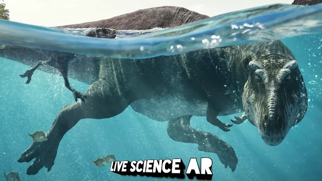 استجمام رقمي للديناصور ريكس يسبح مع شاب.