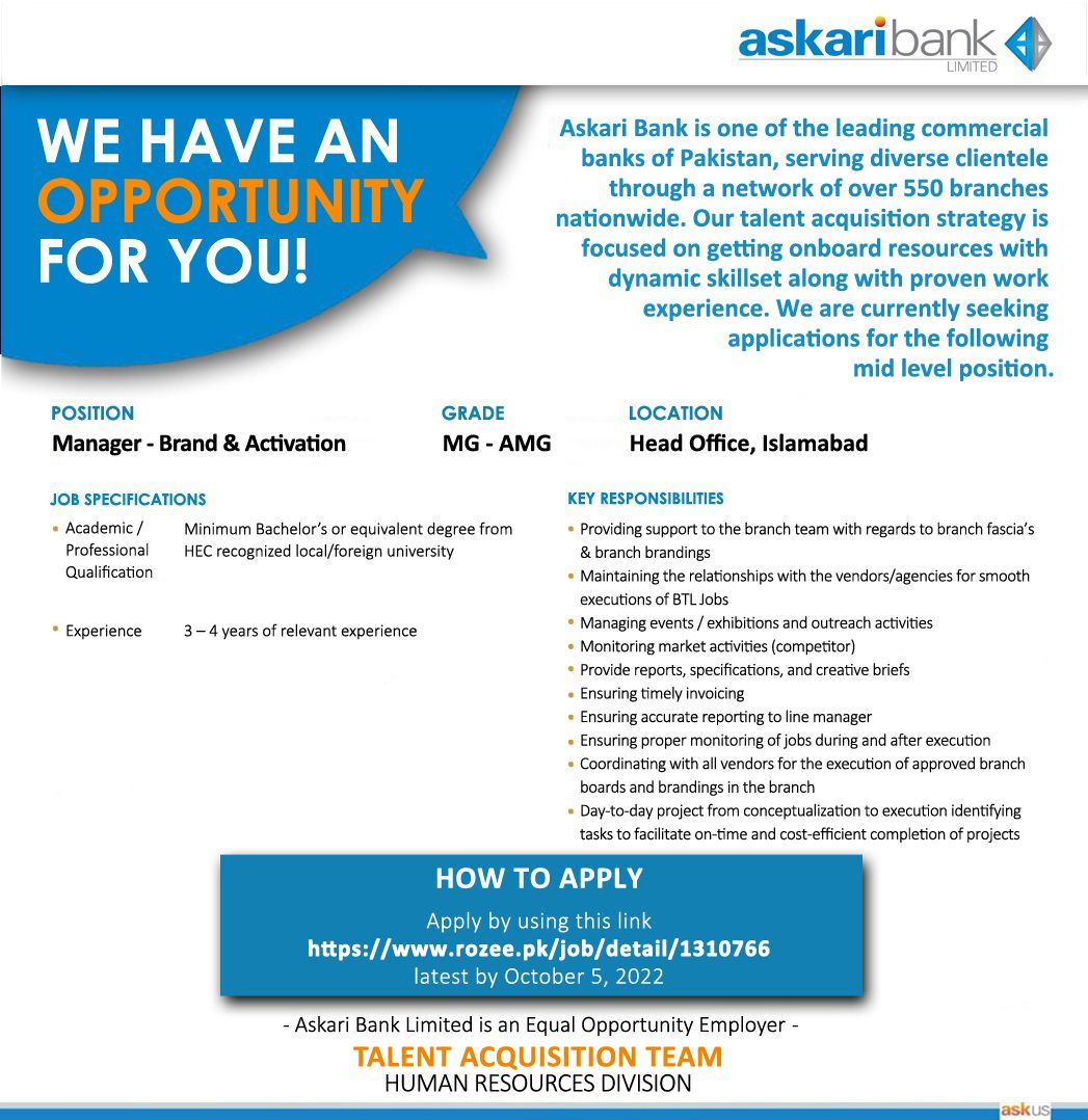 Askari Bank Ltd Jobs for Manager - Brand & Activation