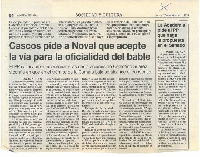 añu 1998: El Partido Popular (PP) pidi al PSOE q'acepte la OFICIALIDÁ DEL ASTURIANU na reforma del estatutu