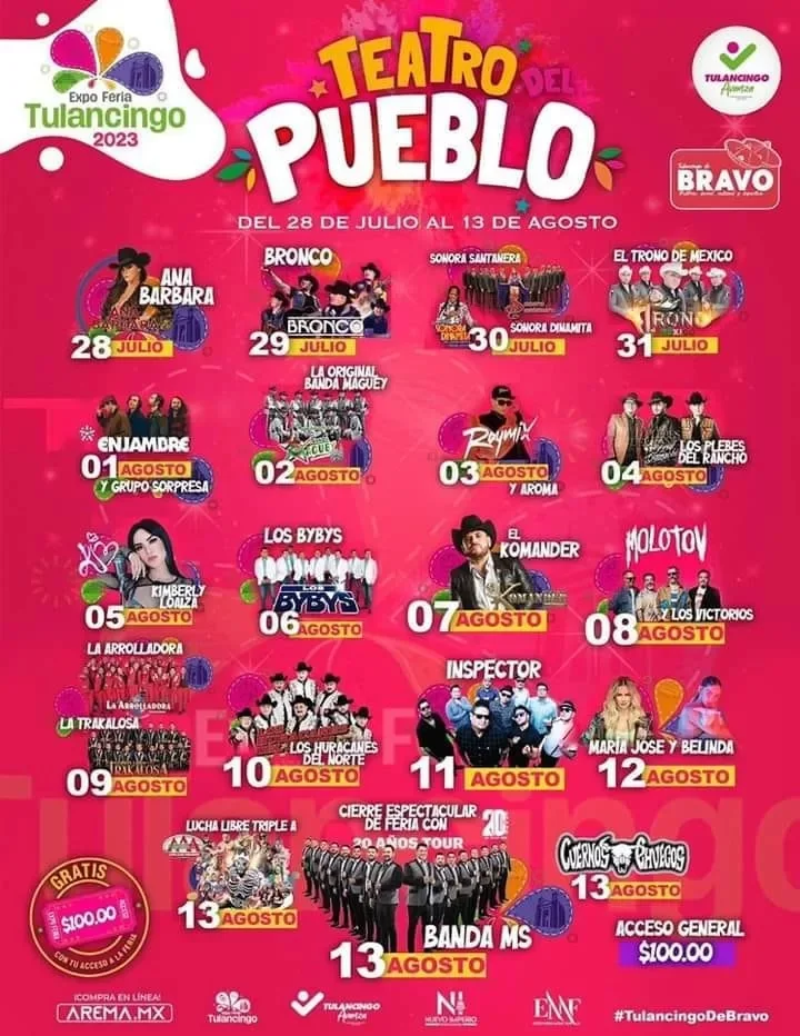 Calendario de artistas en Teatro del Pueblo en Feria Tulancingo 2023
