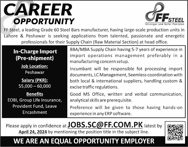 FF Steel Latest Jobs in Peshawar Incharge Customer Services 2024