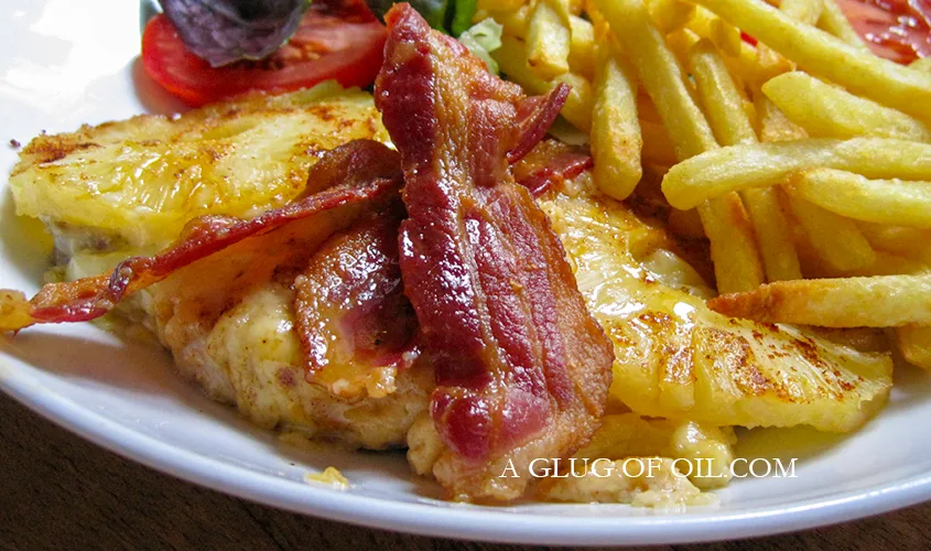 Baked Chicken with Cheese Bacon and Pineapple with Chips