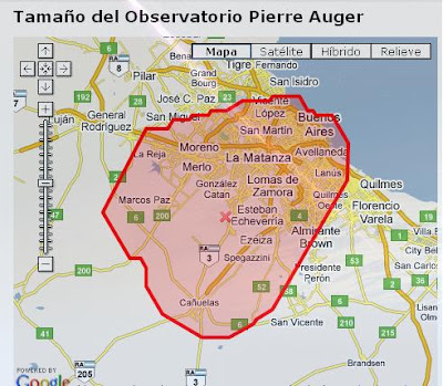 Area del Observatorio Pierre Auger superpuesta en Capital Federal, Argentina