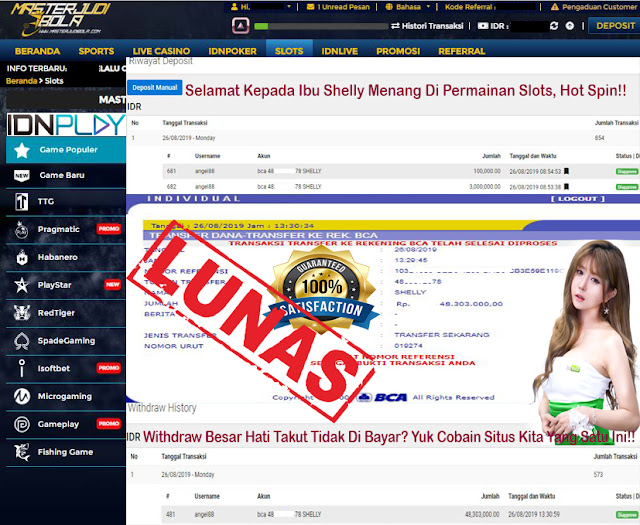 Bukti menang Ibu Shelly dipermainan Slot Hot Spin Withdraw Rp 48,303,000.00