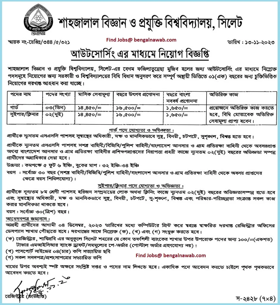 শাহজালাল বিশ্ববিদ্যালয় সিলেটের চাকরির খবর ২০২৩