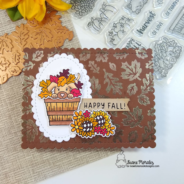 Happy Fall card with dog by Diane Morales | Fall Harvest Stamp Set, Fall Leaves Hot Foil Plate, Frames & Flags Die Set, Banner Duo Die Set and Oval Frames Die Set by Newton's Nook Designs
