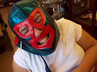 Sarah grinning in her luchadora mask