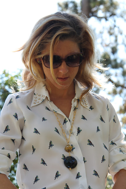 Zara Bird Shirt, Pants, and Belt, Cole Haan Shoes from Constance Consignment, JJ Winters from Lipp Boutique, Necklace from Scout & Molly's, Blinde Sunglasses, the Green Boundary Club, Aiken, SC, the Queen City Style