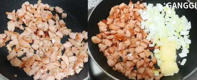 팬에-바싹-볶은-스팸-마늘-양파가-올려진-사진
