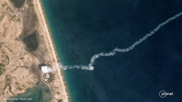 Image Attribute: Planet Labs Inc. captured an image depicting missile launch trail via commercial imagery satellite over North Korea’s Hodo Peninsula, near the east coast city of Wonsan, at 10:54 a.m. local time on May 4, 2019.  / Source: Planet Labs Inc.