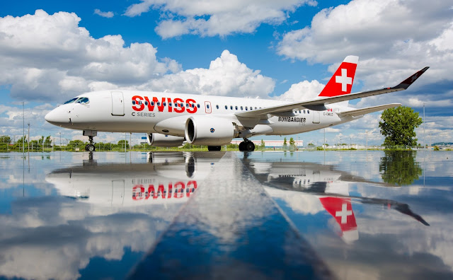 Swiss Global Air Lines Bombardier CS100 on Water Reflection