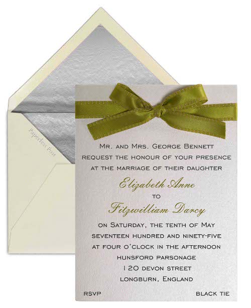 A digital wedding invitation with green bow and envelopewidth 