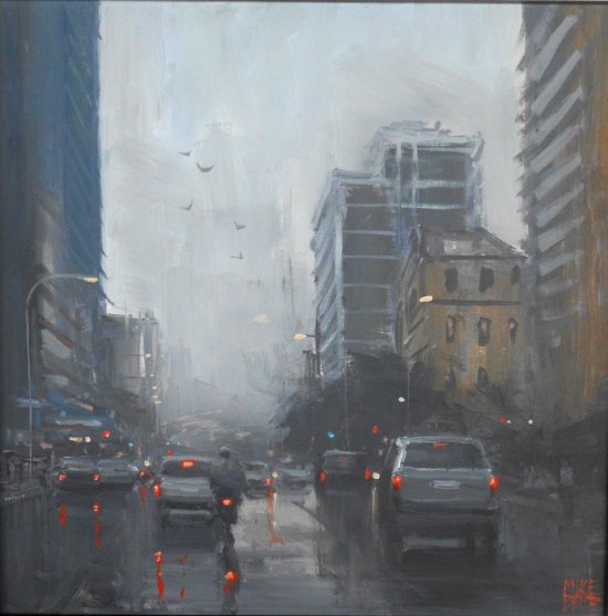 Mike Barr pinturas cidades australianas na chuva impressionista triste