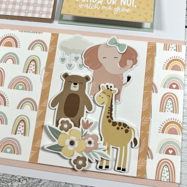 12x12 Baby Girl Scrapbook Page Layout with cute animals & rainbows