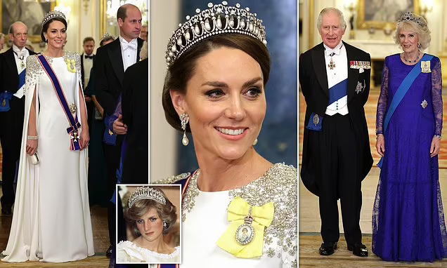 Kate delights in white gown as she takes centre stage at King Charles's first State Banquet as King.