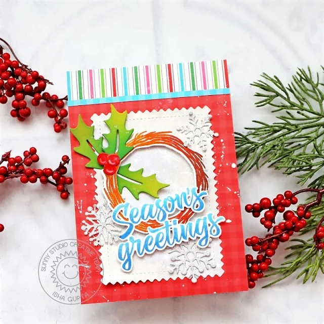 Sunny Studio Stamps: Joyful Holiday Paper Focused Holiday Card by Isha Gupta (Winter Greenery, Holiday Greetings, Winter Wreaths, Mini Mat & Tag Dies)