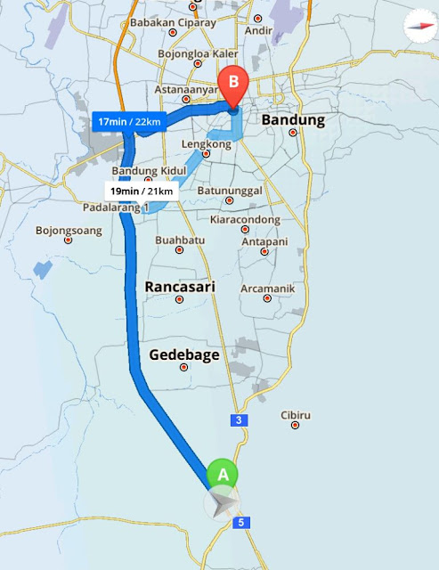 peta, rute, jalan dari cileunyi ke alun-alun bandung, mesjid agung raya bandung, pasar baru, jalan dalem kaum, jalan oto iskandardinata, jaln kepatihan, gedung merdeka bandung