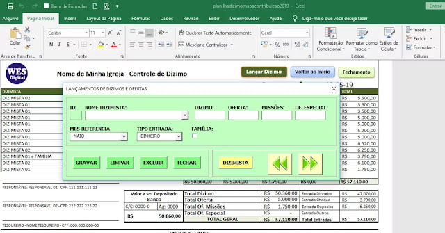 Planilha Excel MAPA Financeiro e Controle de Dízimo