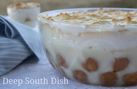 Banana pudding, layered with vanilla wafer cookies, bananas, and a made from scratch egg custard, topped with a homemade meringue.