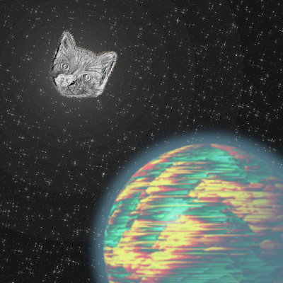 A silver kitten-faced moon shining down on a planet