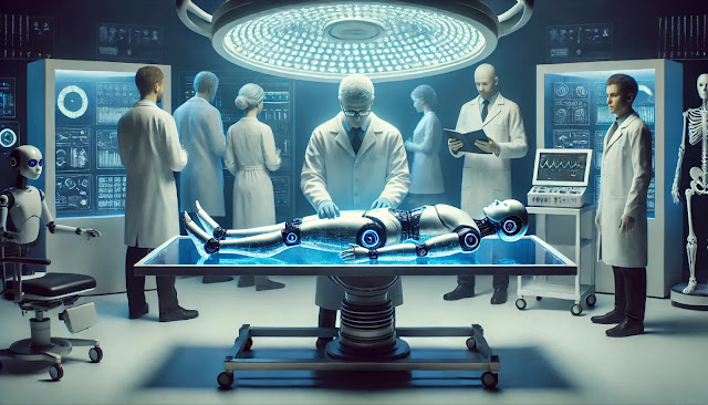 A humanoid robot lying on an operating table in a futuristic lab, surrounded by scientists in white coats, illuminated by a bluish glow symbolizing advanced technology and artificial consciousness.