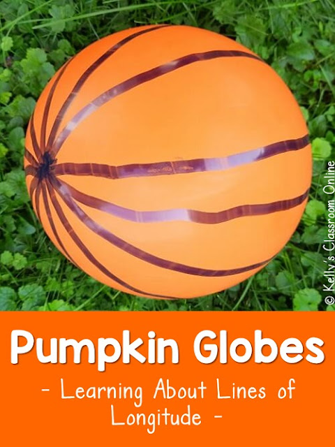 Pumpkin balloon globe craft to teach prime meridian, International Date Line, North Pole, South Pole, & lines of longitude. Geography. Social Studies.