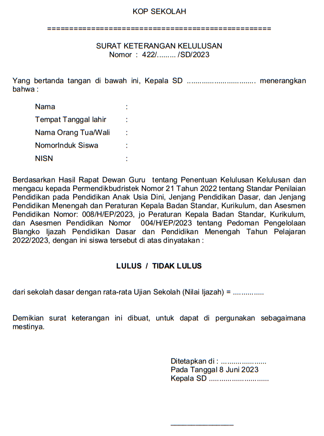 contoh surat keterangan kelulusan sd tahun 2023 (surat pengumuman kelulusan sd tahun 2023)