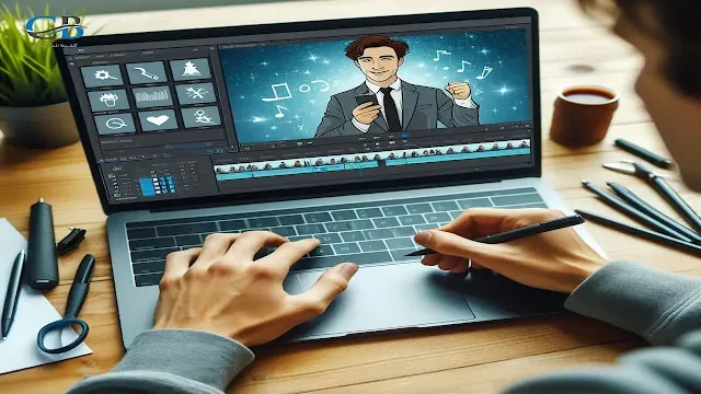شخص يقوم بالمونتاج على لابتوب كتطبيق لتعلم المونتاج وتحرير الفيديو بسهولة