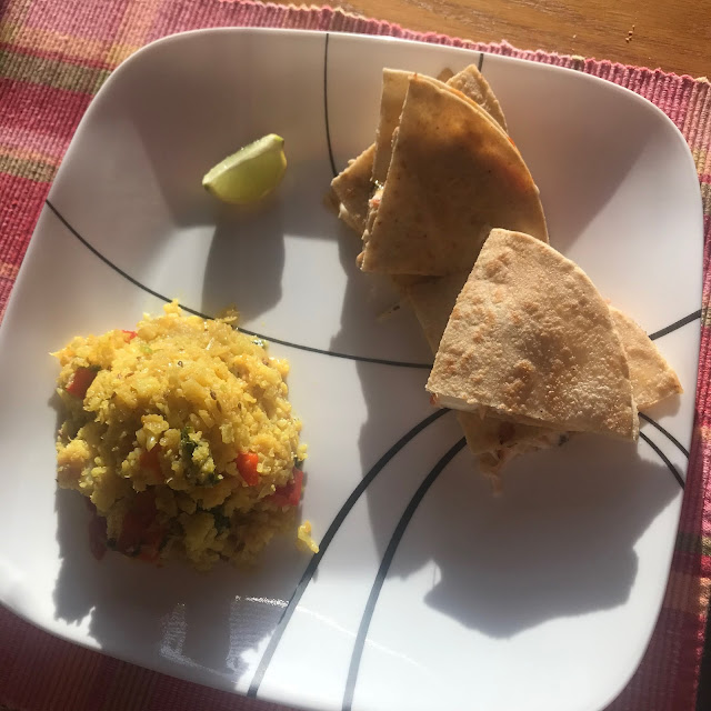 Salsa chicken quesadilla and curried cauliflower rice