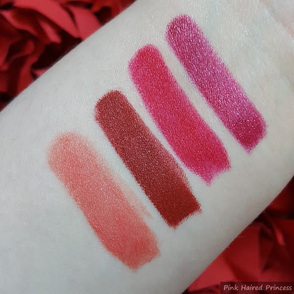 Rouge Dior lipstick swatches, 466 Pink Rose, 858 Red Pansy, 862 Winter Poppy and 873 Sparkling Peony