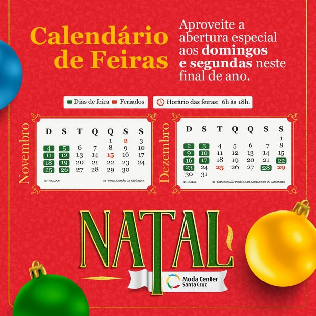 Moda Center divulga calendário de feiras para os meses de novembro e dezembro com feiras nos domingos e segundas