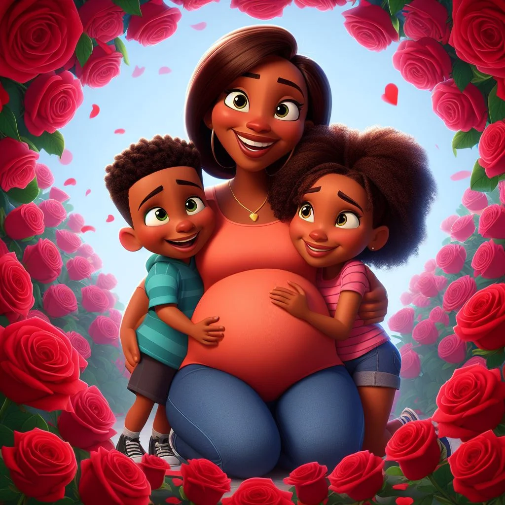 Imagen de madre embarazada negra con hijo e hija pequeña