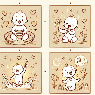 Three sweet baby moments: tasting food, playful mess, and a parent singing — all framed in warm light and hearts.