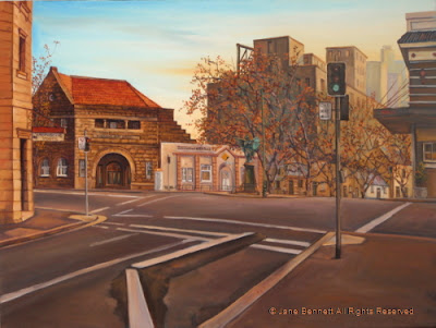 Plein air oil painting of Pyrmont Post Office and the Pyrmont War Memorial Union Square Pyrmont by industrial heritage artist Jane Bennett