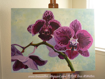 Three plum colored orchid blooms in different stages. Acrylic painting on canvas.