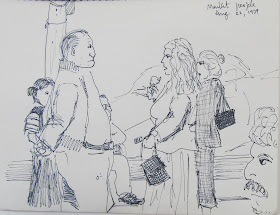 "Market People, Pike Place Market, Seattle." 8.5 x 11 inches. Pen and Ink. 1979