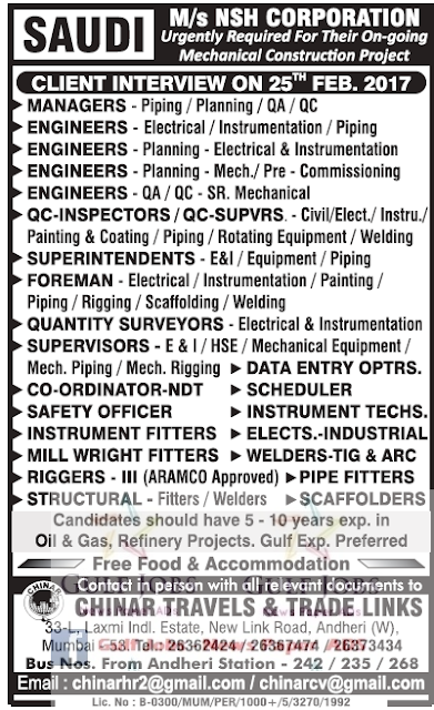 NSH Corporation Jobs for Saudi Arabia - Free food & Accommodation