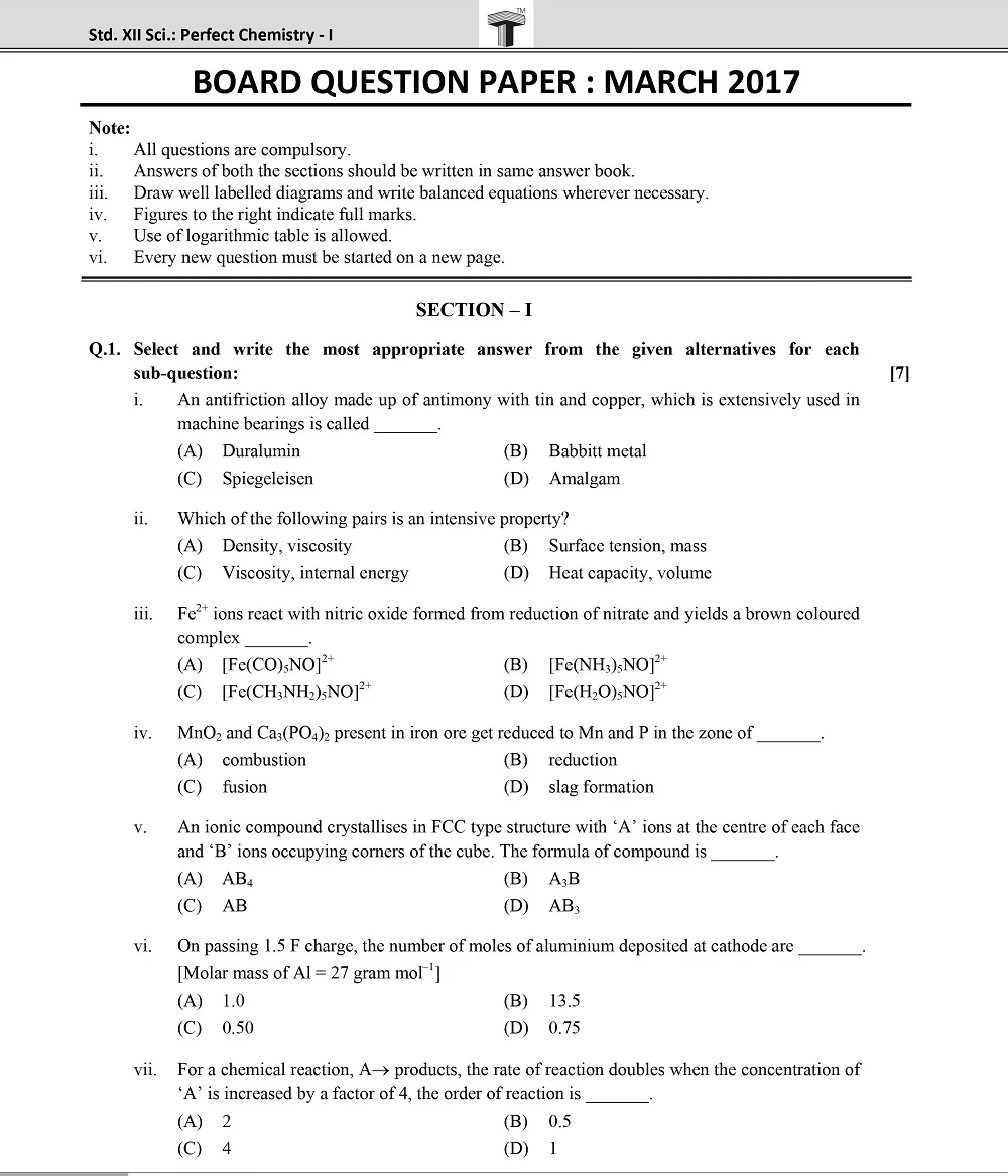 Board Chemistry Question Paper