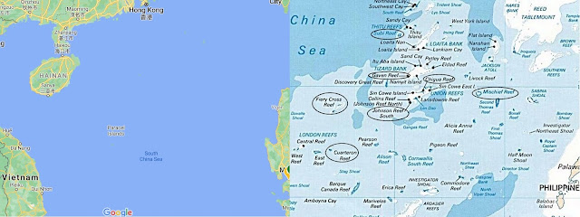 Maps showing Hainan Island and China's occupied Reefs in the Spratlys Islands, Images taken from Google Maps and Wikimedia Commons