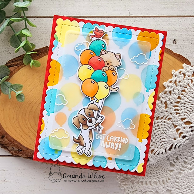 Birthday card with Dog and Cat by Amanda Wilcox | Sky High Celebrations Stamp Set, Frames & Flags Die Set, Bokeh Balloons Stencil Set by Newton's Nook Designs