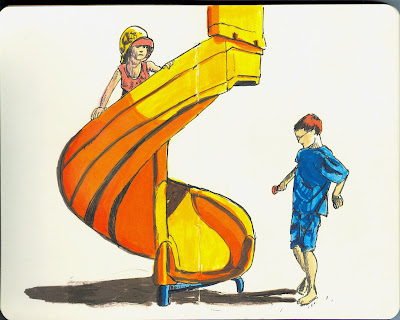 Laura and Alexander on the Slide - Pen and Ink with Watercolour by Ana Tirolese ©2012