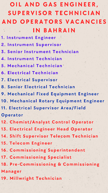 Oil and Gas Engineer, Supervisor Technician and Operators vacancies in Bahrain