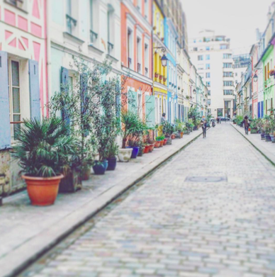 cobbled street and coloured houses on rue cremieux paris