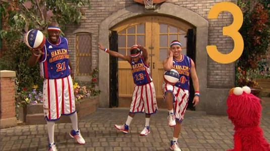 Sesame Street Episode 4516. The Harlem Globetrotters and Elmo put on a basketball show for number 3.