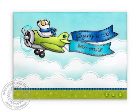 Sunny Studio Stamps: Plane Awesome Bear Flying Green Airplane with Birthday Banners Card (featuring stitched fluffy cloud border dies & Surprise Party 6x6 Paper)