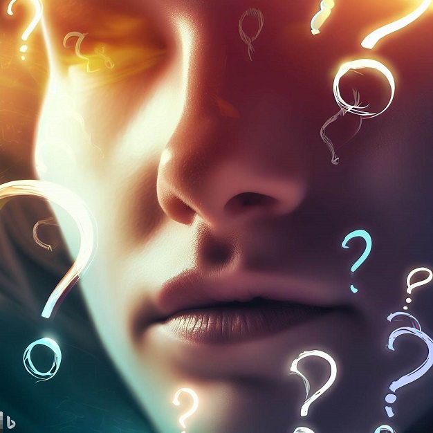 A close-up of a person's face in deep thought or contemplation, with question marks creatively integrated around the head, symbolizing the process of inquiry and self-reflection.