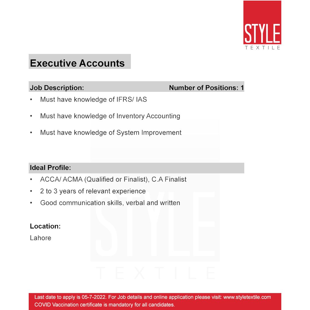 Style Textile Pvt Ltd Jobs For Executive Accounts