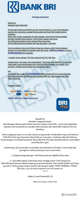 pemberitahuan palsu perubahan biaya transfer bank BRI