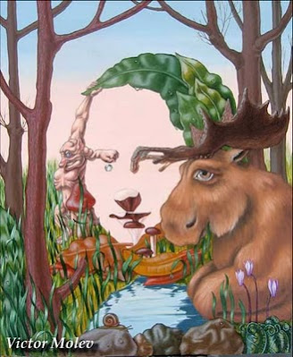 Optical illusion painting, a woman picture with trees, animals and flowers